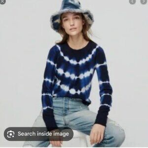J. Crew Women's 100% Cashmere Blue/White Batik Tie Dye Crewneck Sweater Large